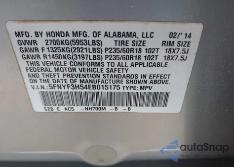 2014 Honda Pilot Ex-L z USA, uszkodzony, nr VIN 5FNYF3H54EB015175